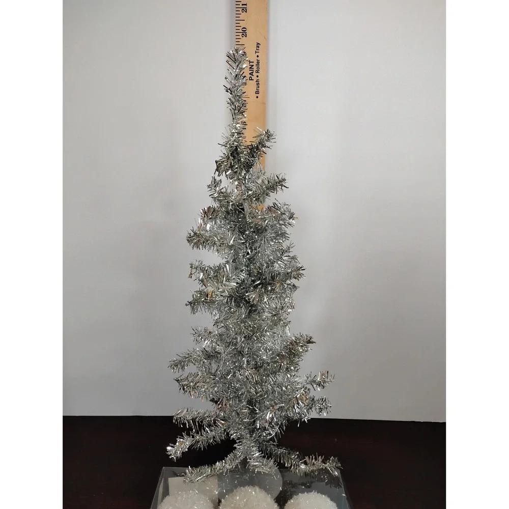 Silver Tinsel Tabletop Christmas Tree 20in and 3 White Polar Bear Ornaments Set